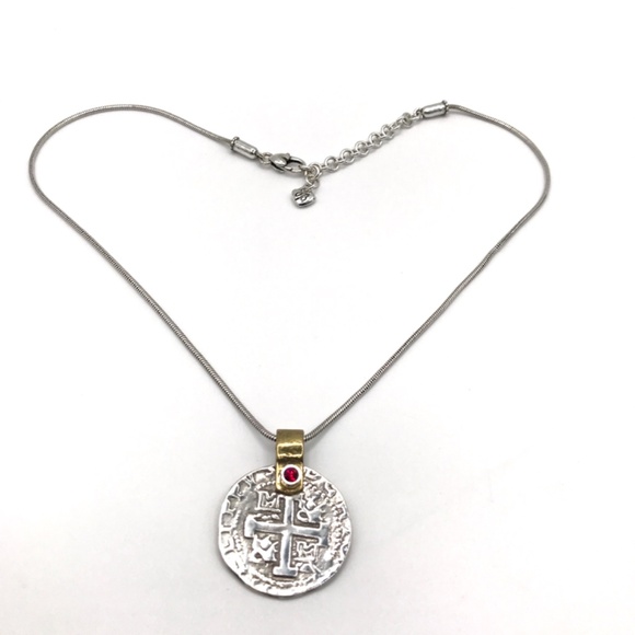 Brighton Pendant Necklace Faux Spanish Treasure Coin Silver Plate Red Crystal - Picture 3 of 9